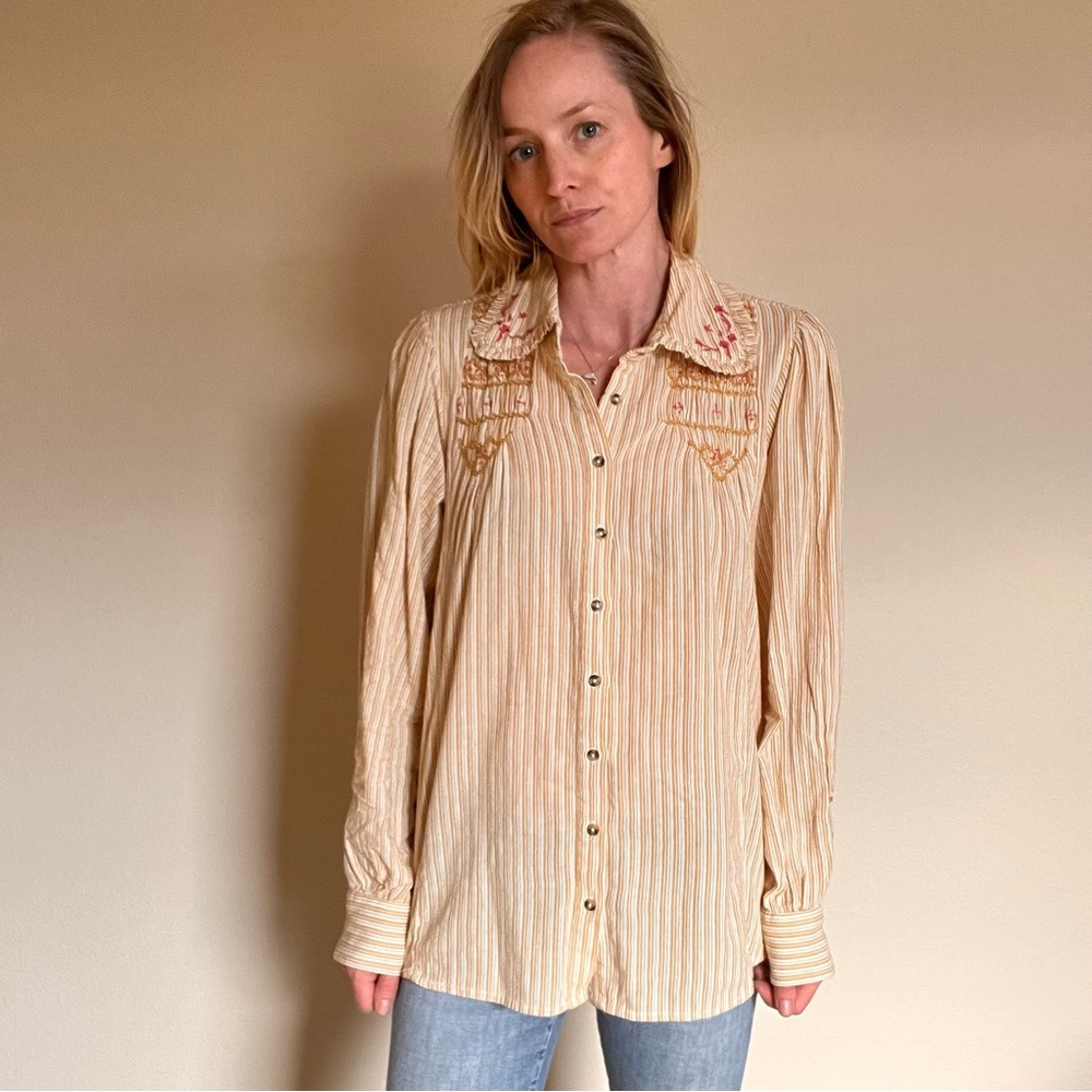 Free People Striped Button-Up Shirt with Embroidery